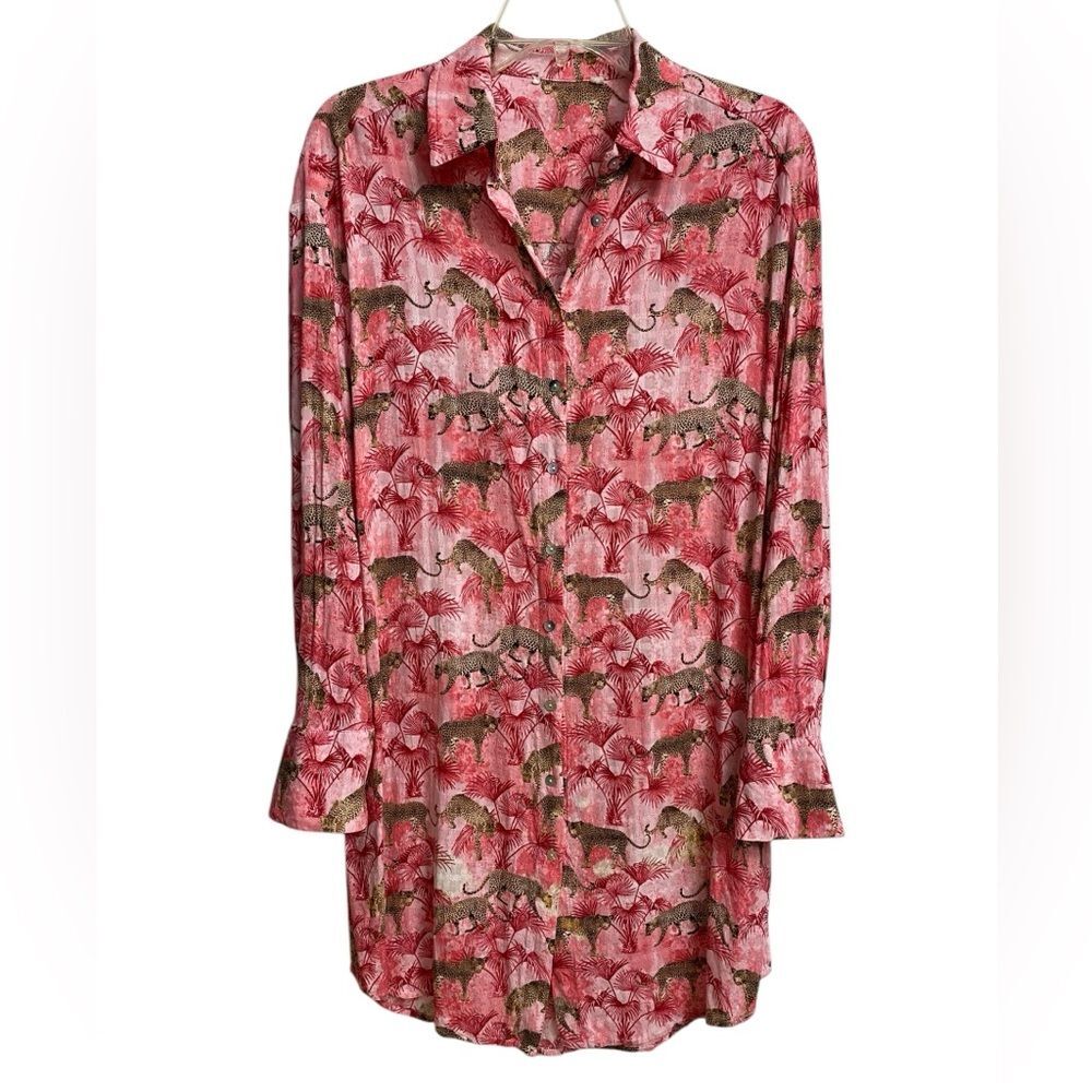 Jane + Delancey Leopard Floral Button Front Shirt Size S-M Oversized Shirtdress